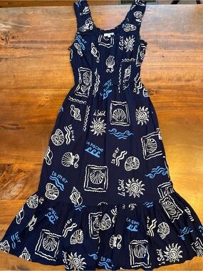 Patrons of Peace XS Beach Print Off Shoulder Maxi Dress Blue/white